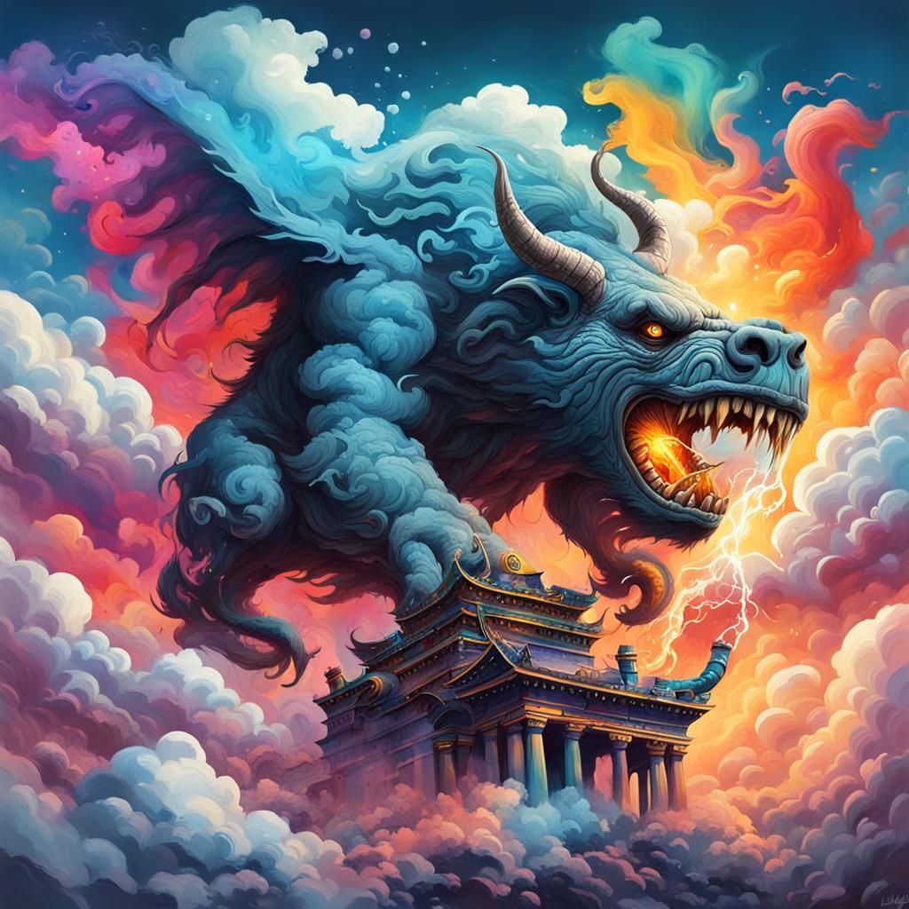Magical Smoke Beast Flies Through Valhalla: Graffiti Art