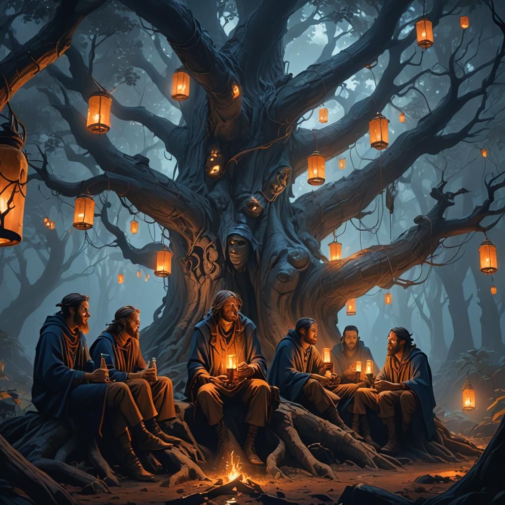 Hermits Drinking Beer in Misty Forest: Fantasy Art