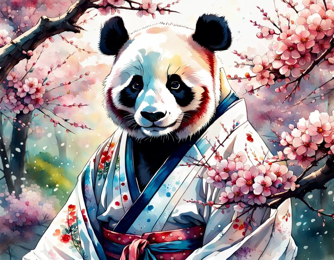 Panda in Kimono in Sakura Garden, Watercolor Art