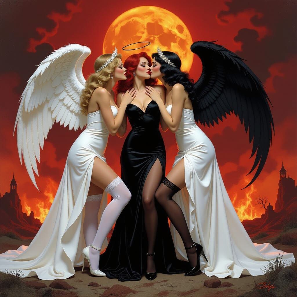 Angelic Ladies Kissing a Demon in Hell