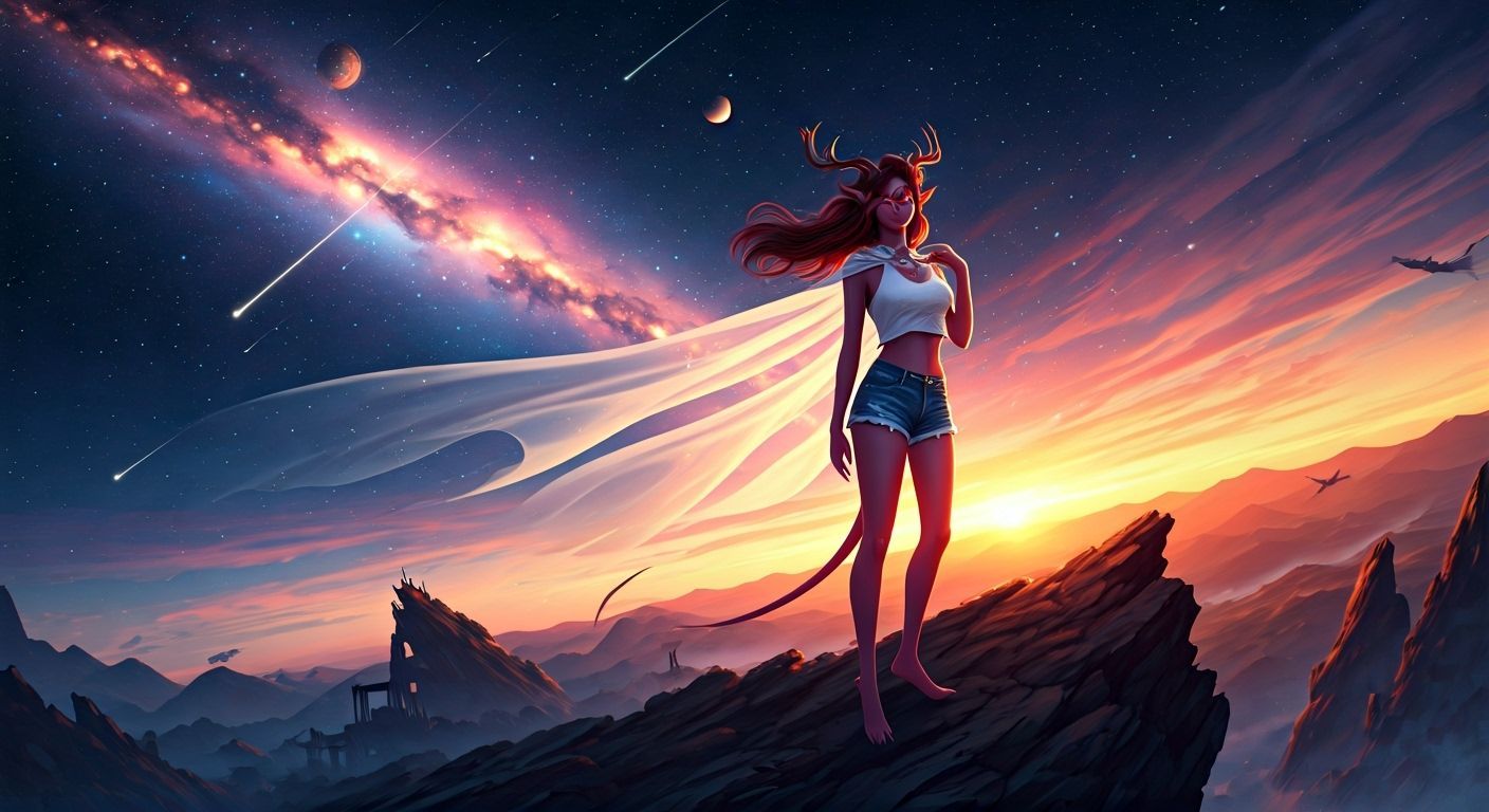 Tiefling Maiden Victorious on Mountain Peak Amidst Nebulae