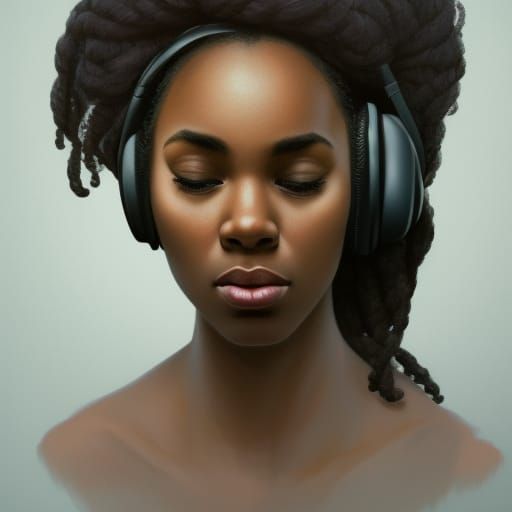 Cozy Bedroom Portrait: Black Woman Drawing with Headphones