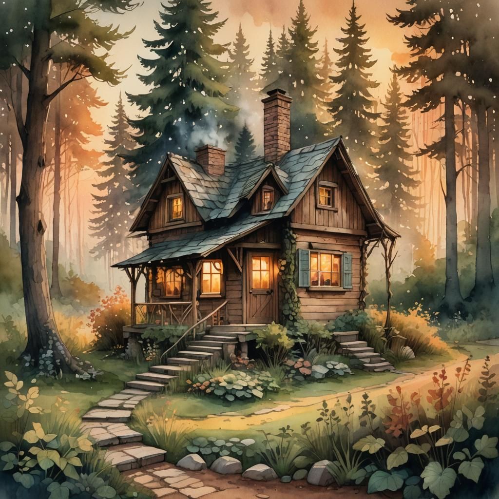 Cozy Cottage in Forest Clearing: Watercolor Illustration