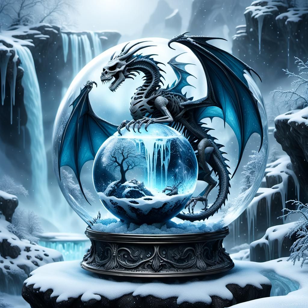 Skeletal Dragon in Icy Snow Globe Wonderland