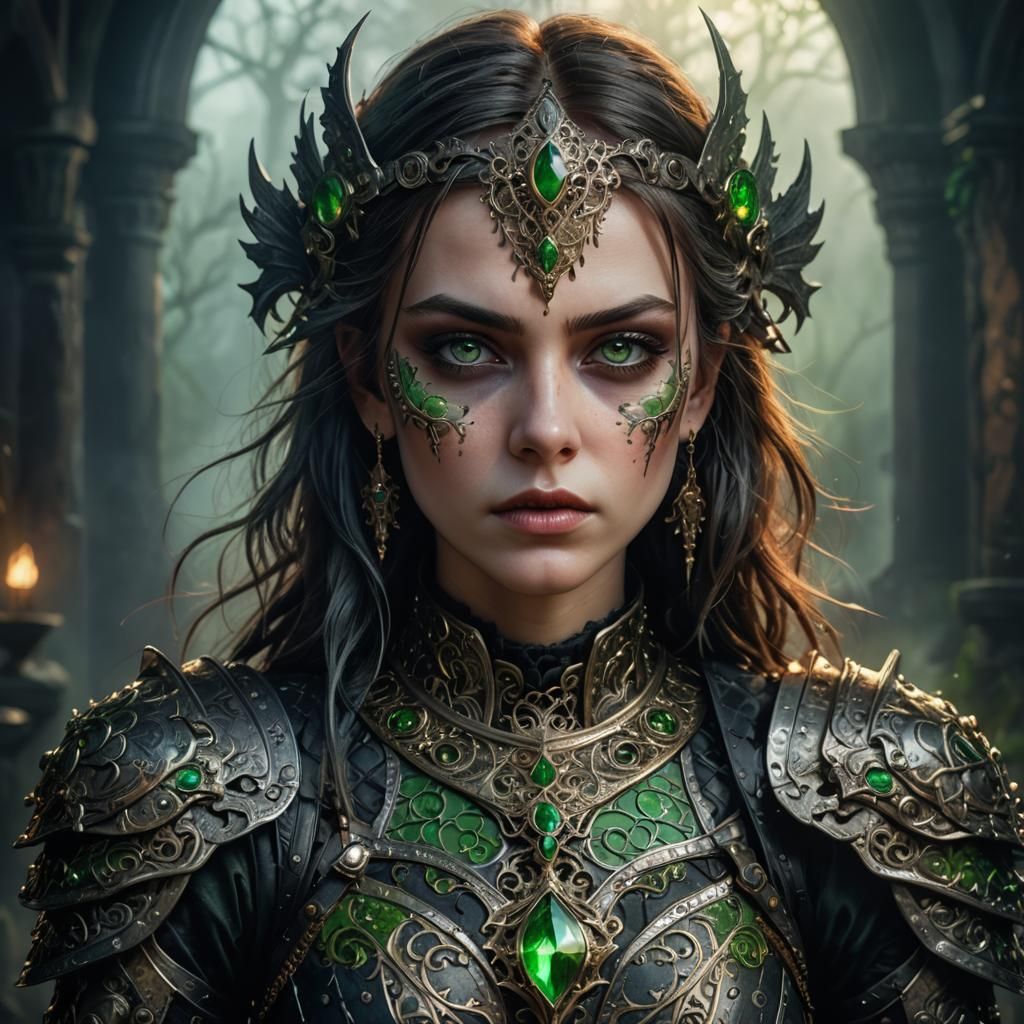 Gothic Fantasy Portrait of Armored Woman in Eerie Light