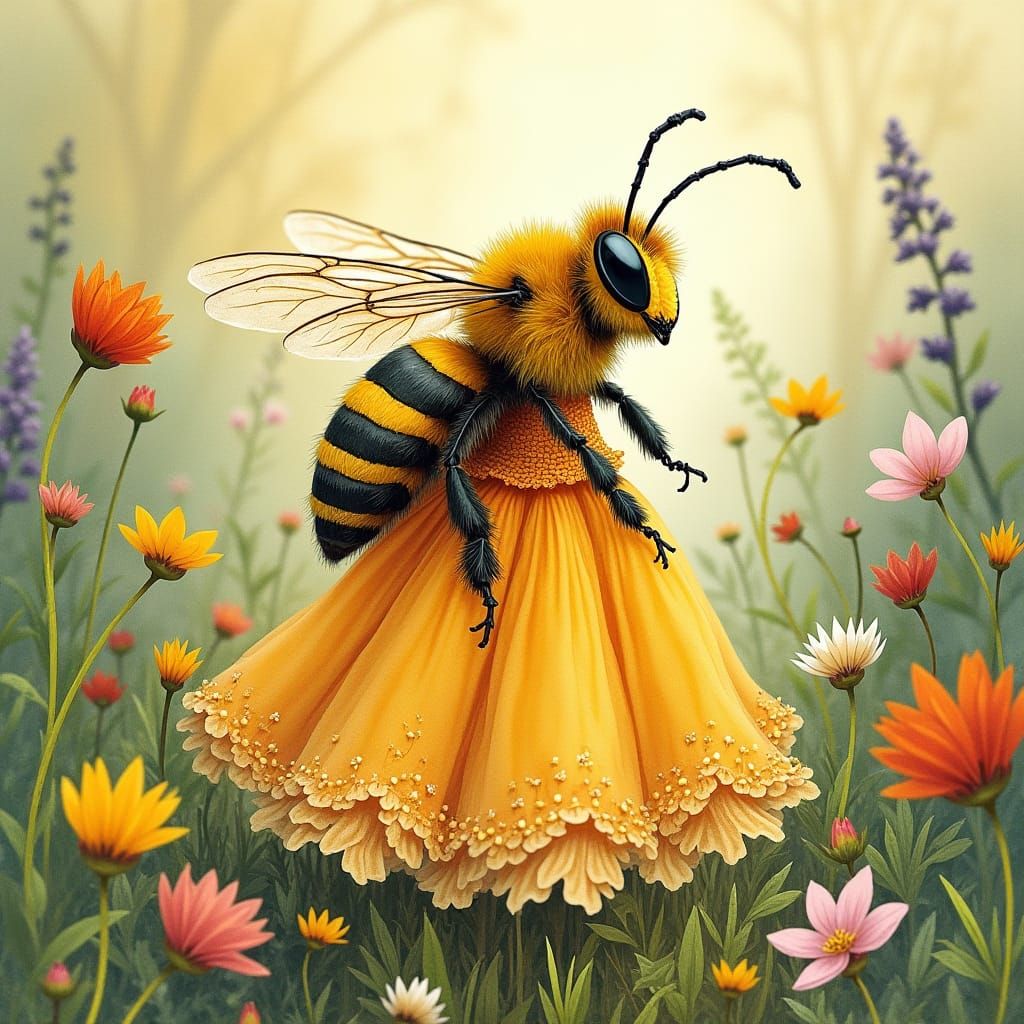 Bee in Floral Dress: Whimsical Illustration