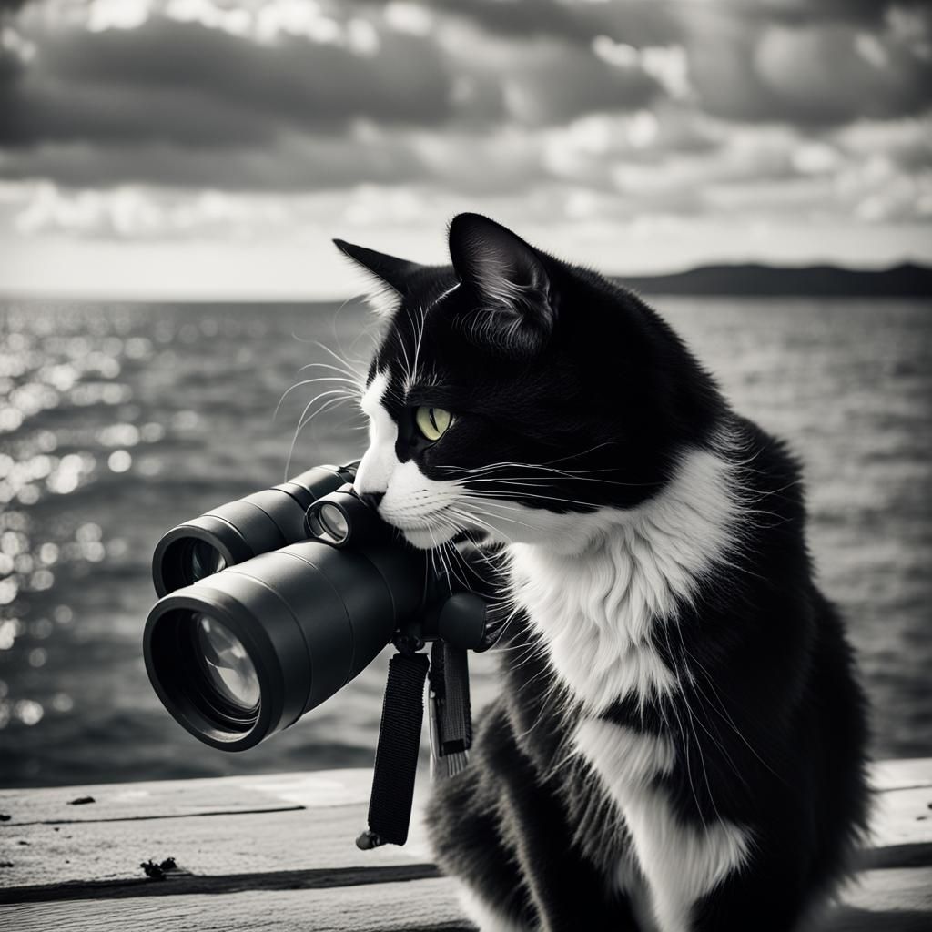 Black and White Cat Gazing at Sea with Binoculars