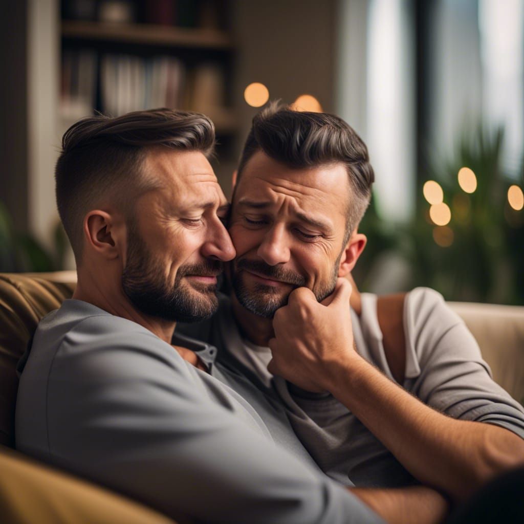 Touching Image of Male Couple Crying Together