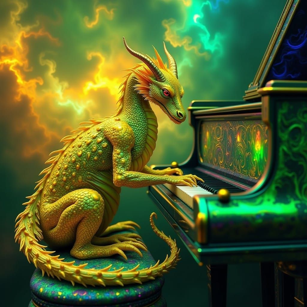 Vibrant Dragon Beside Shimmering Piano in Neon-Lit Dreamscap...