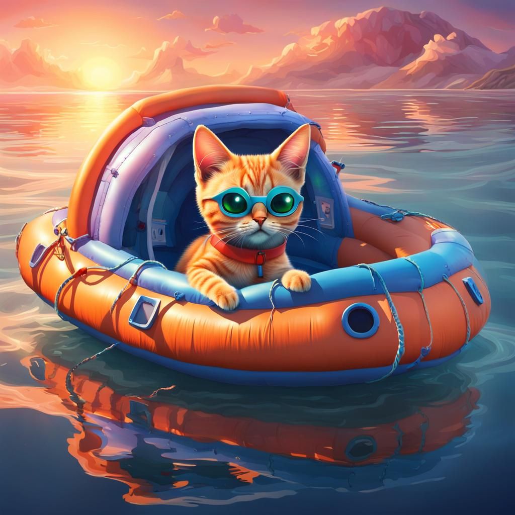 Alien Cat Adrift at Sunset: A Hyperrealistic Scene