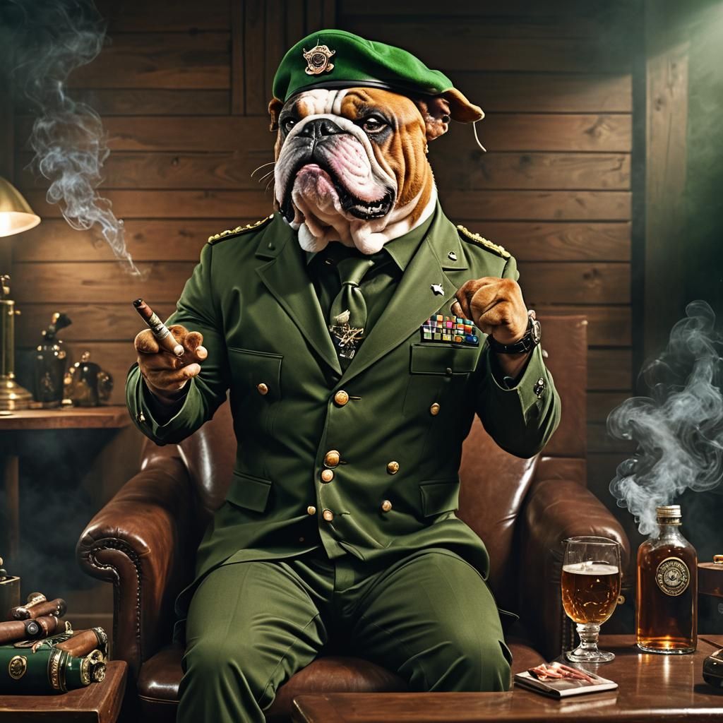 Muscular Bulldog General in Dark Academic Office