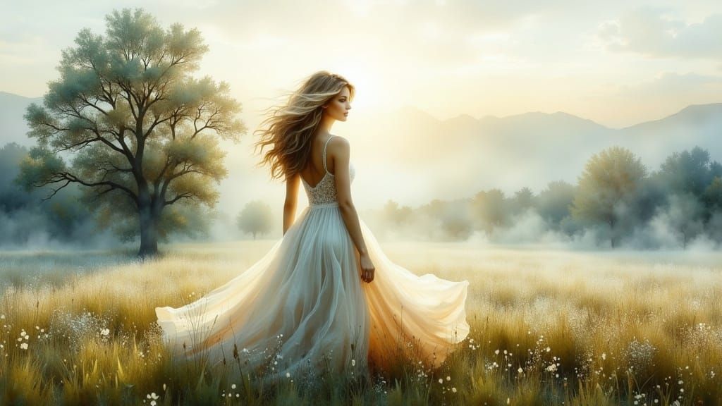 Ethereal Morning Landscape in Watercolor Style