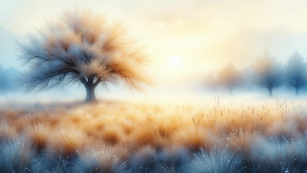 Surreal Watercolor Landscape of Dawn Breaking in Misty Field
