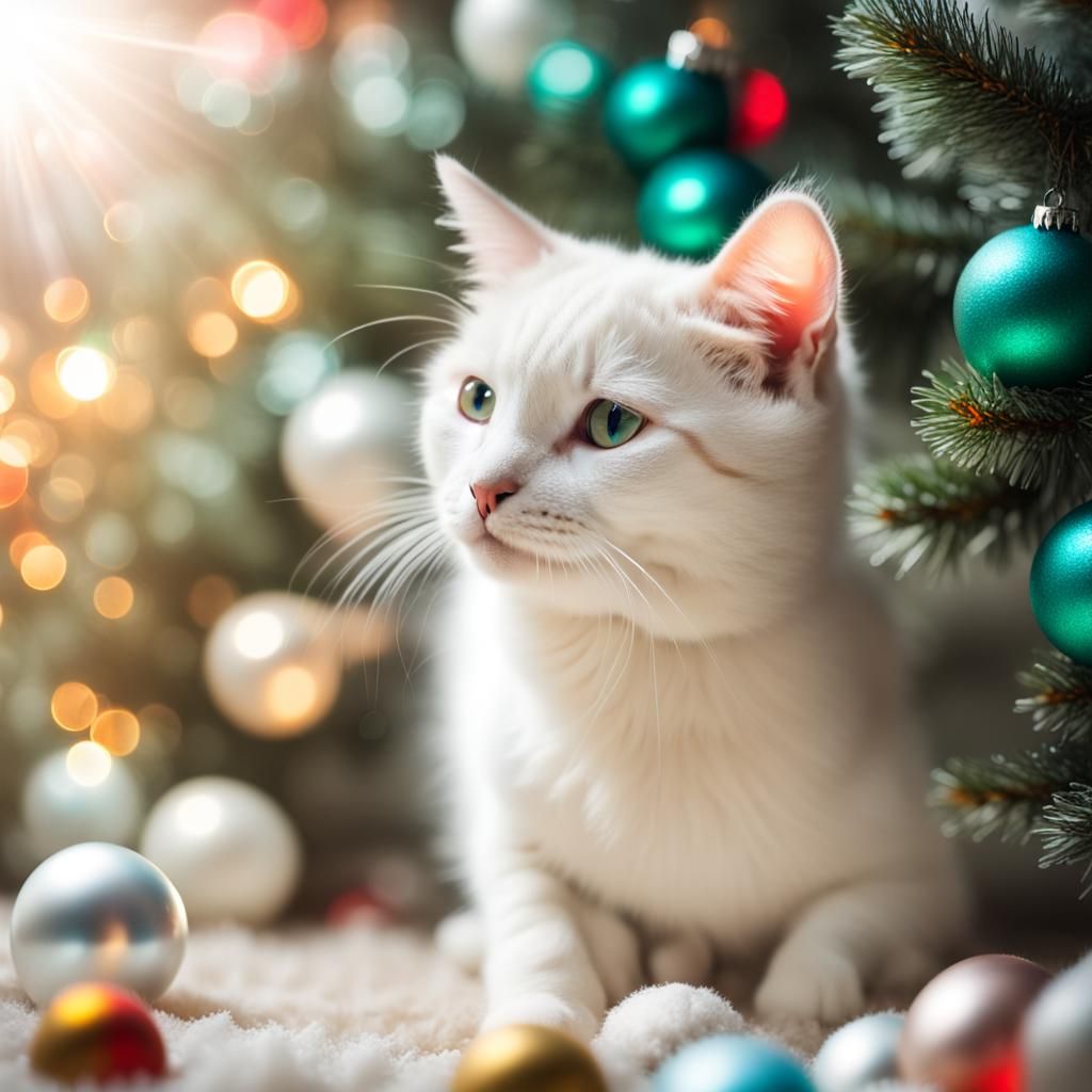 White Cat Mischief in Christmas Tree