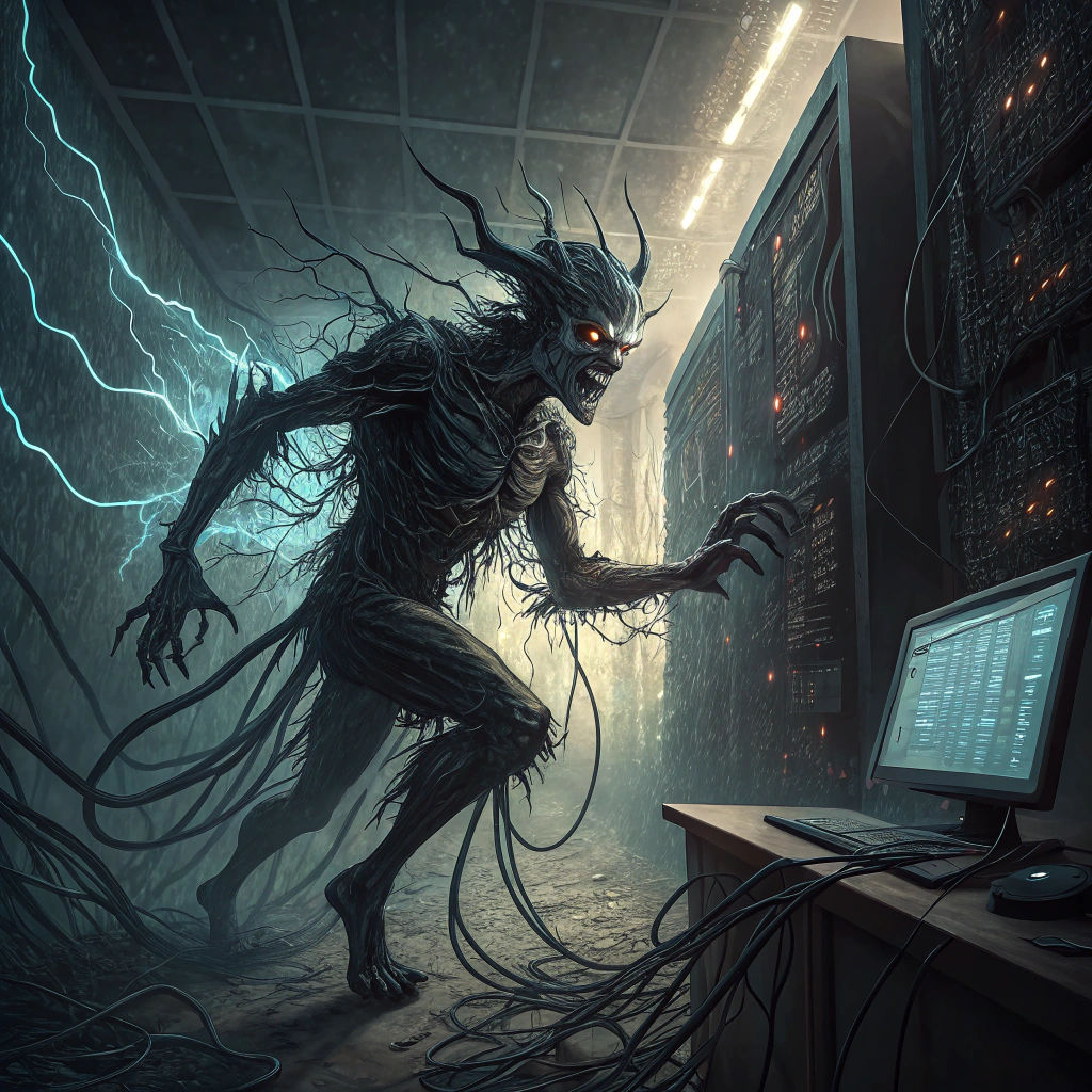 Cybernetic Demon Flying in Digital Matrix