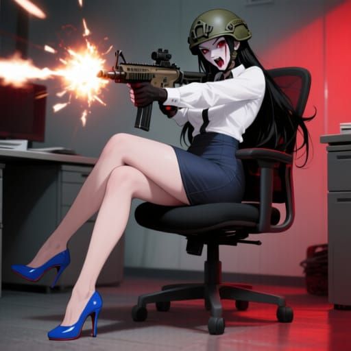 Vampire Woman in Combat Gear Fires Rifle in Office