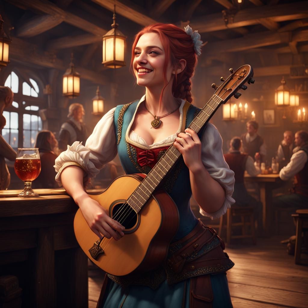 Joyful Bard Performing in Tavern: Fantasy Concept Art