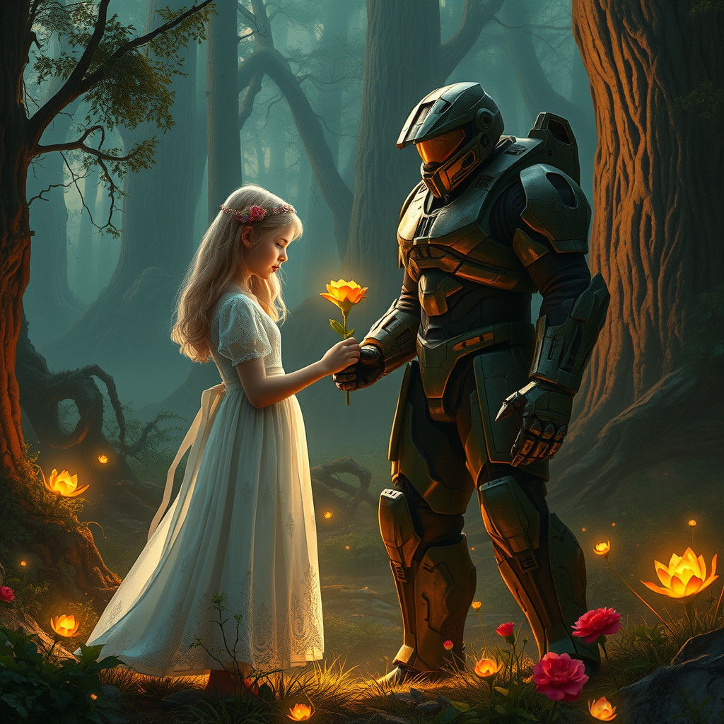 Girl Offers Flower to Halo Spartan in Enchanted Forest
