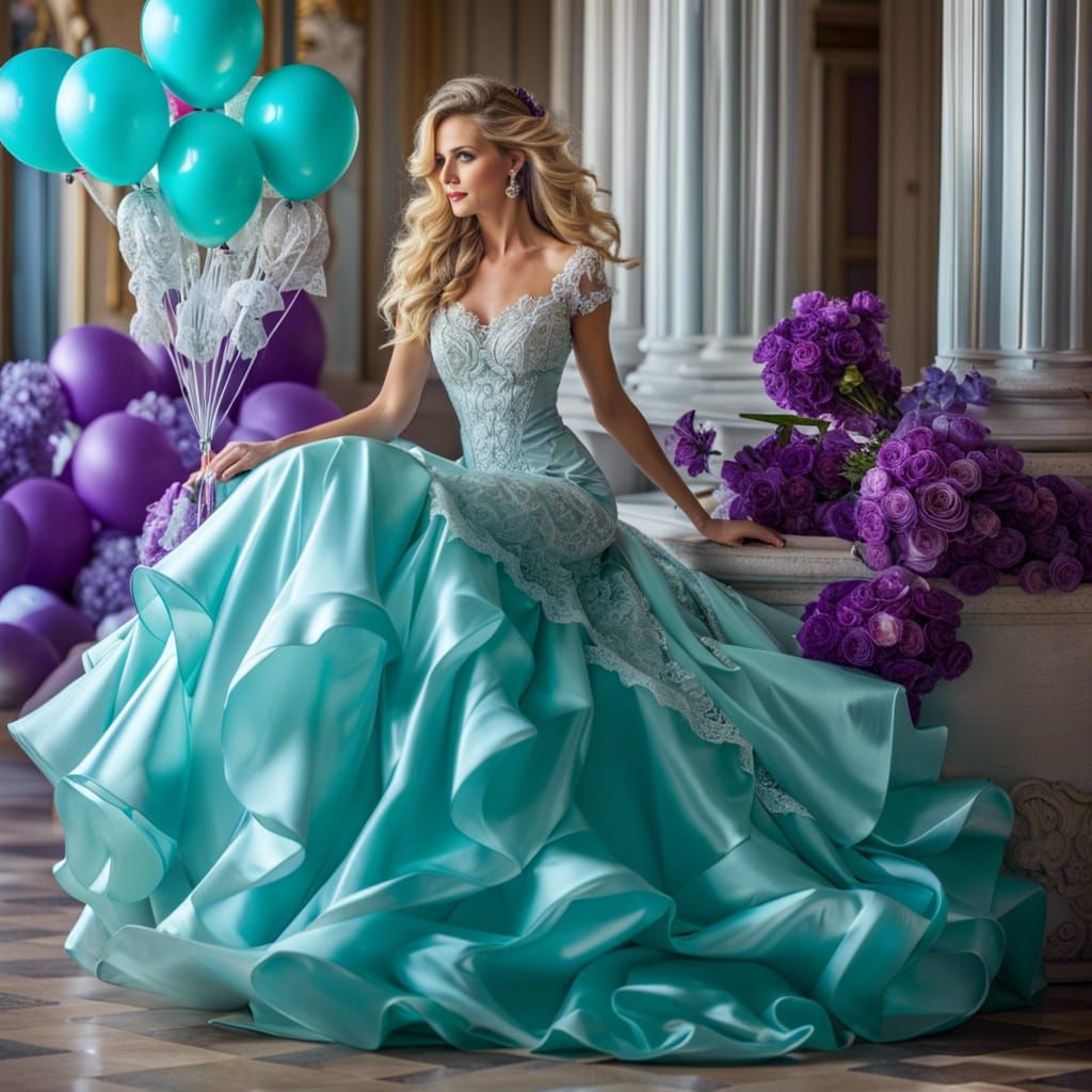 Blonde Woman in Turquoise Gown at Palace Ball