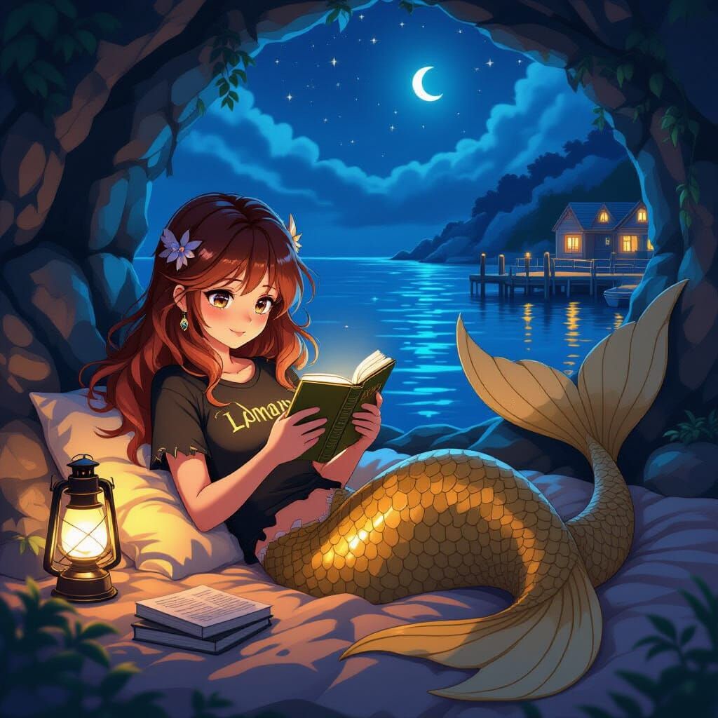 Mermaid Reading by Lantern Light in Coastal Grotto