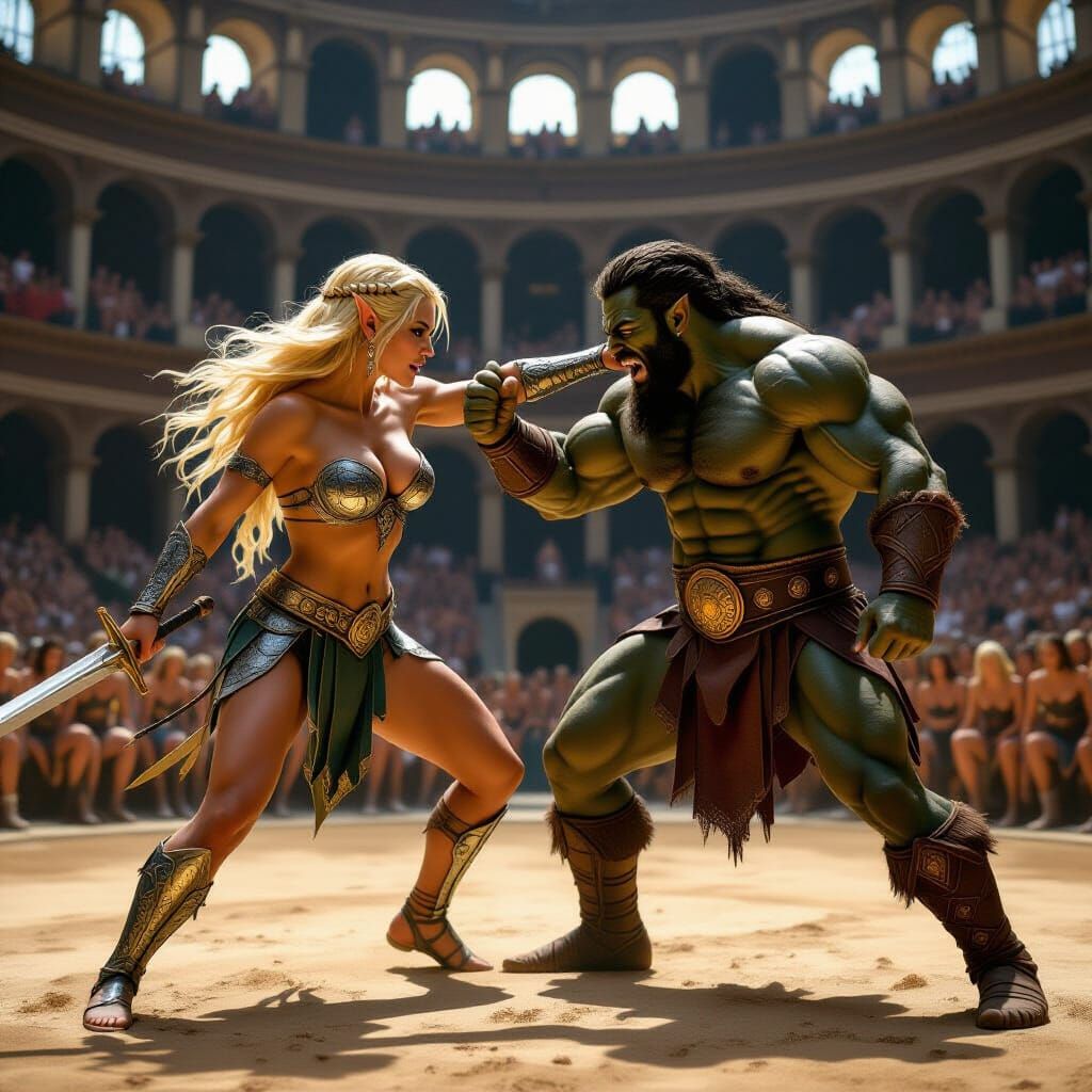 Renaissance Masterpiece: Elf Gladiatrix vs Half-Orc Barbaria...