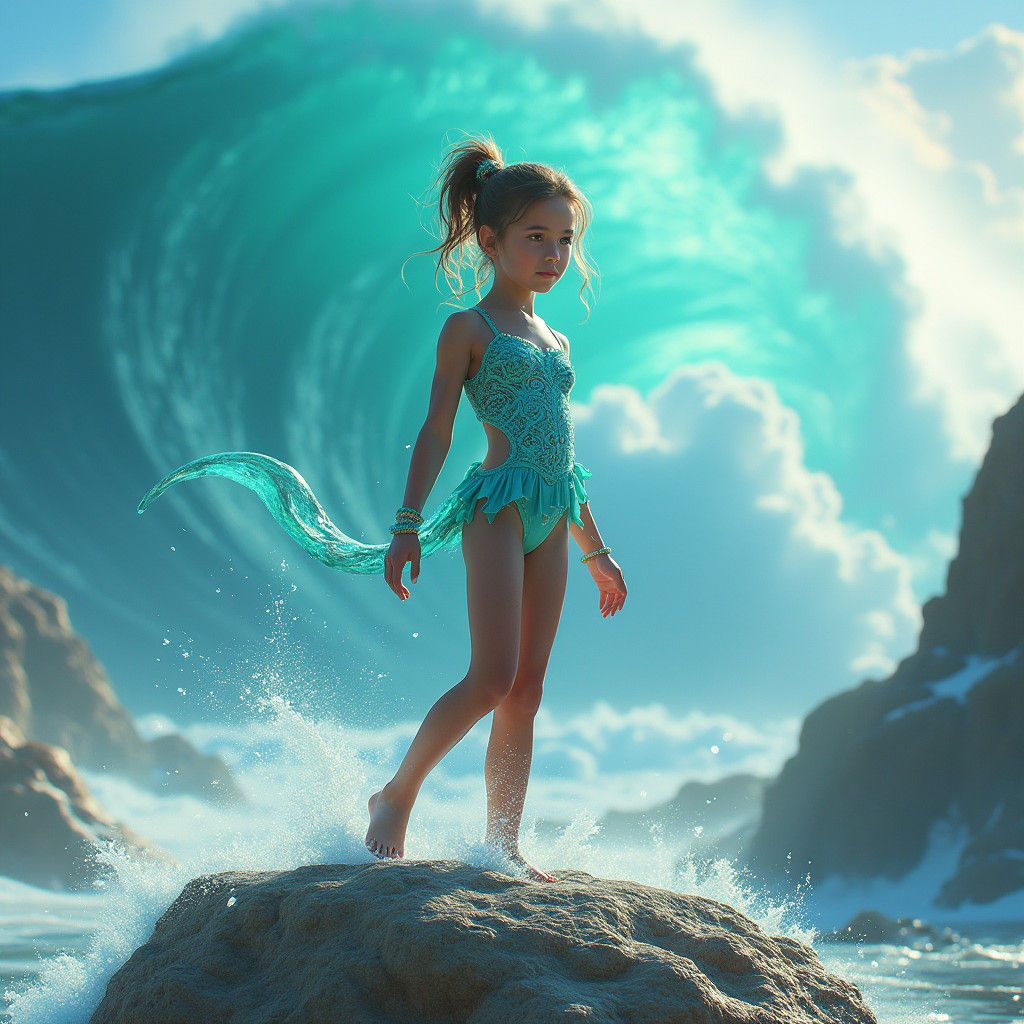 Girl in Turquoise Swimsuit with Aquamarine Wave