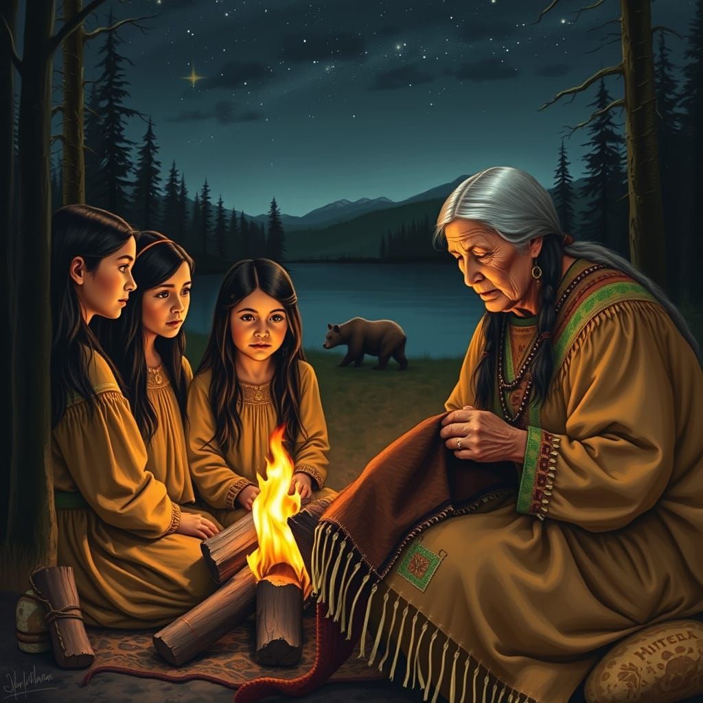 Native American Scene with Fire and Stars