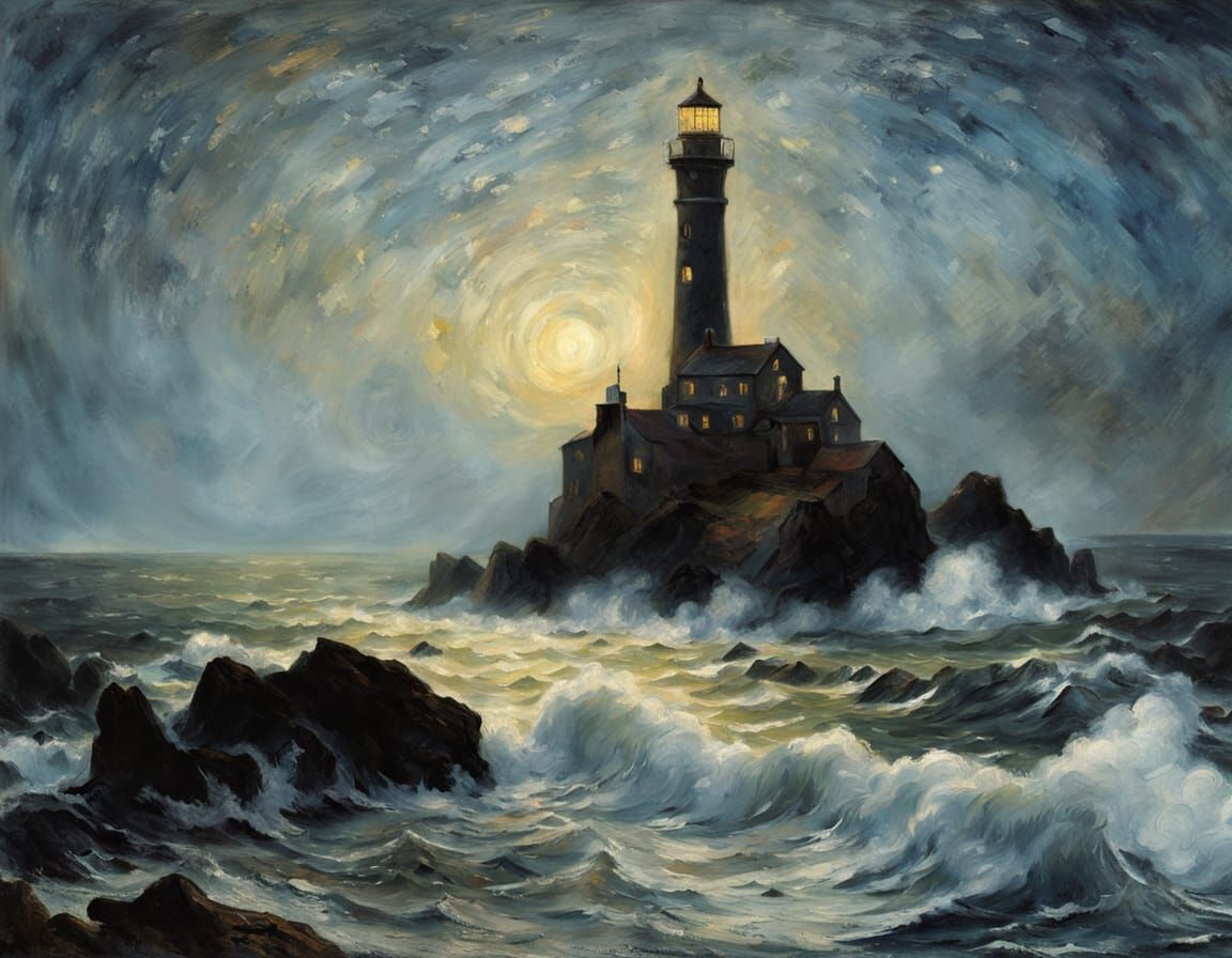Coastal Lighthouse and Pirate Ship Impasto Painting
