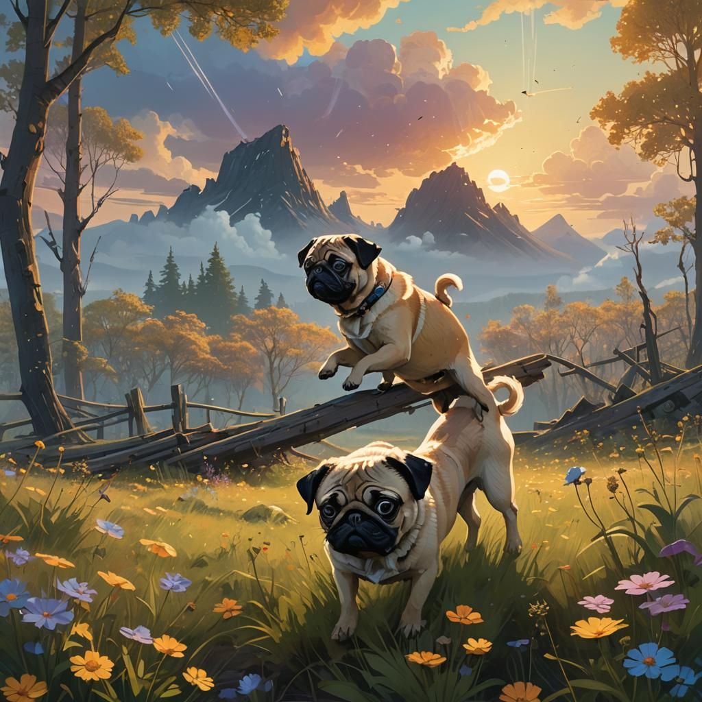 Pugs Tumbling in Ethereal Dreamscape