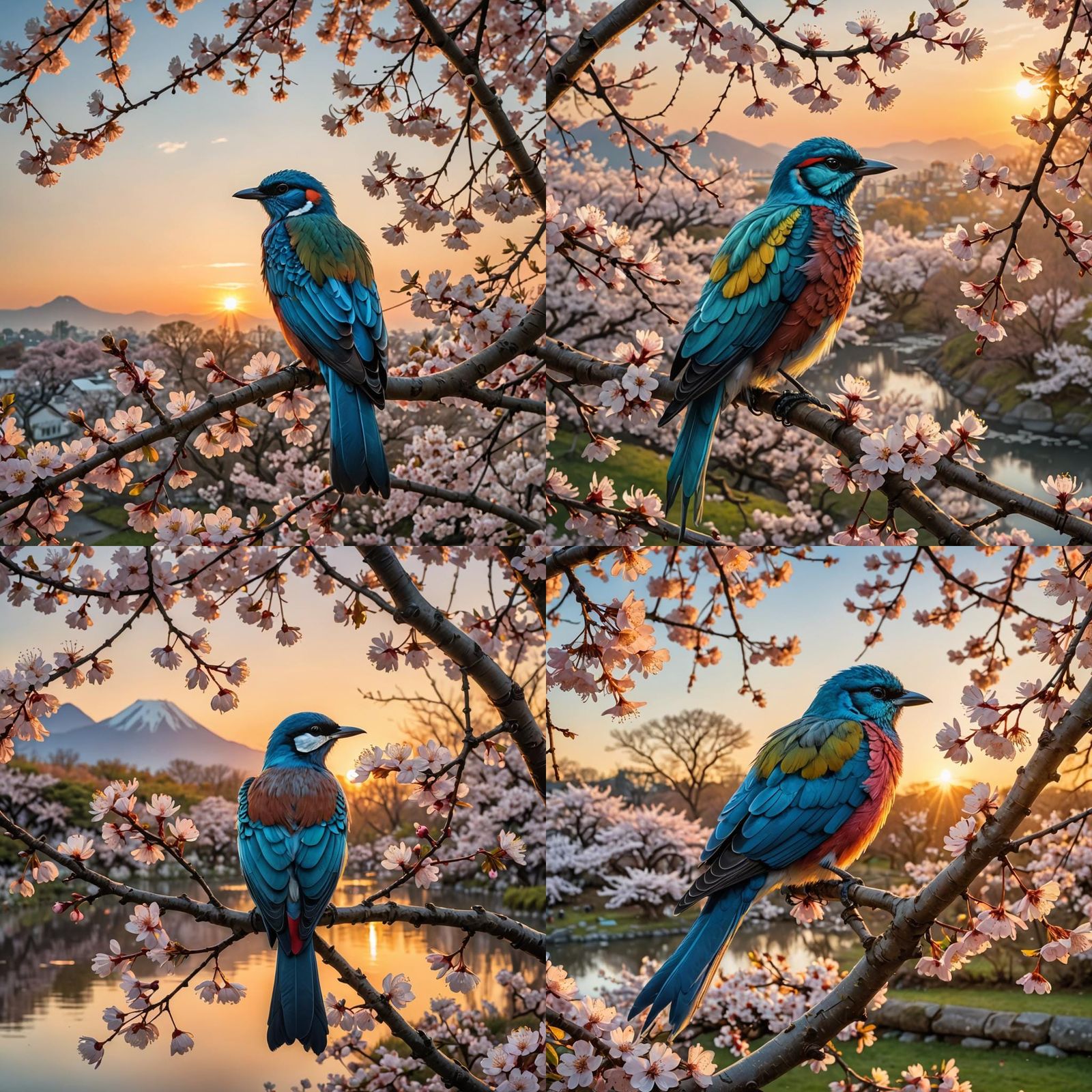 Colorful Bird on Cherry Blossom Branch at Sunrise