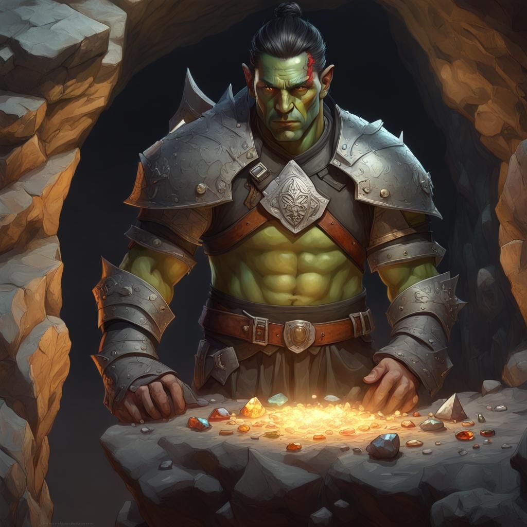 Half-Orc Warrior Examines Gems: Hyperdetailed Portrait