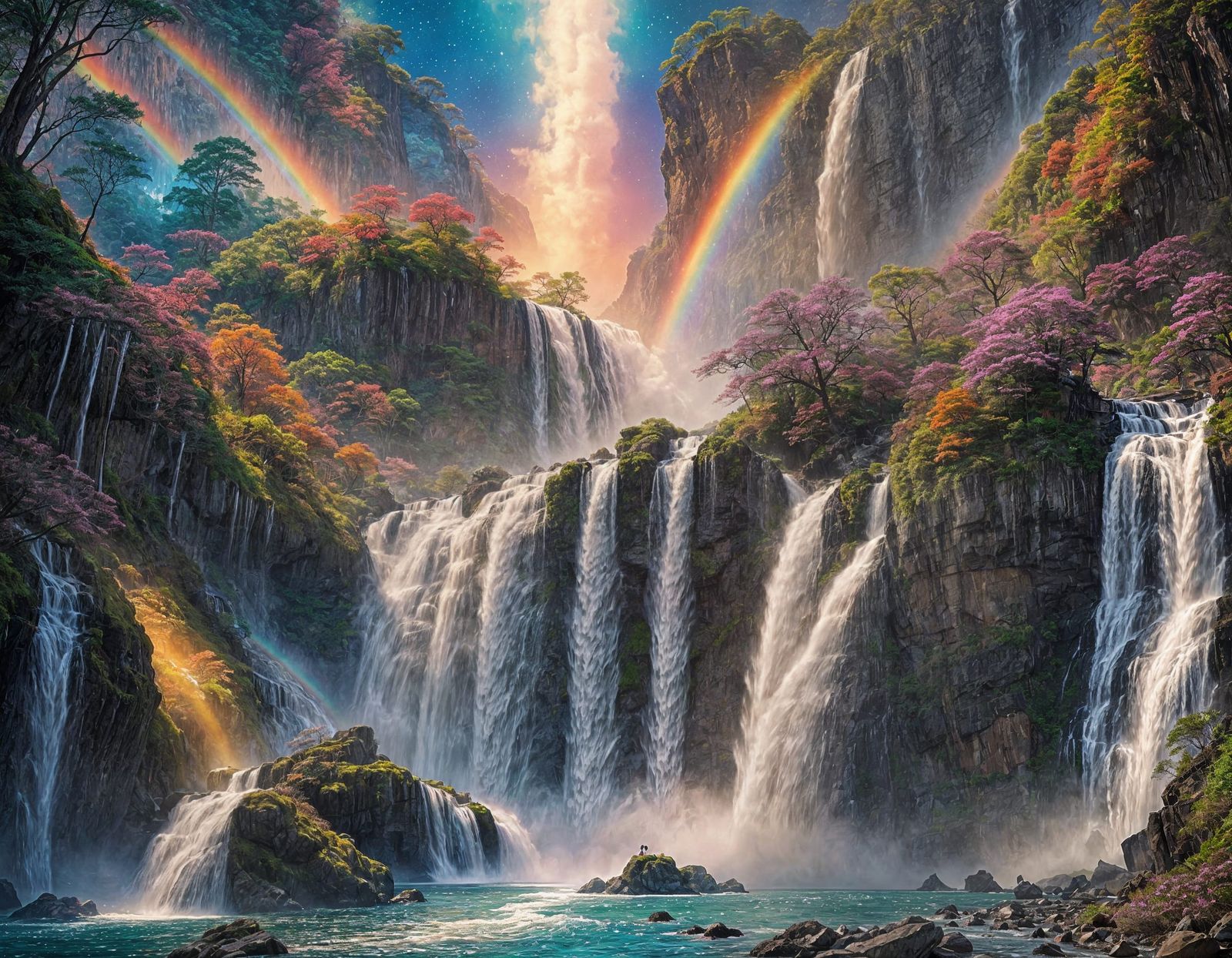 Colorful Space Waterfalls in a Galactic Landscape