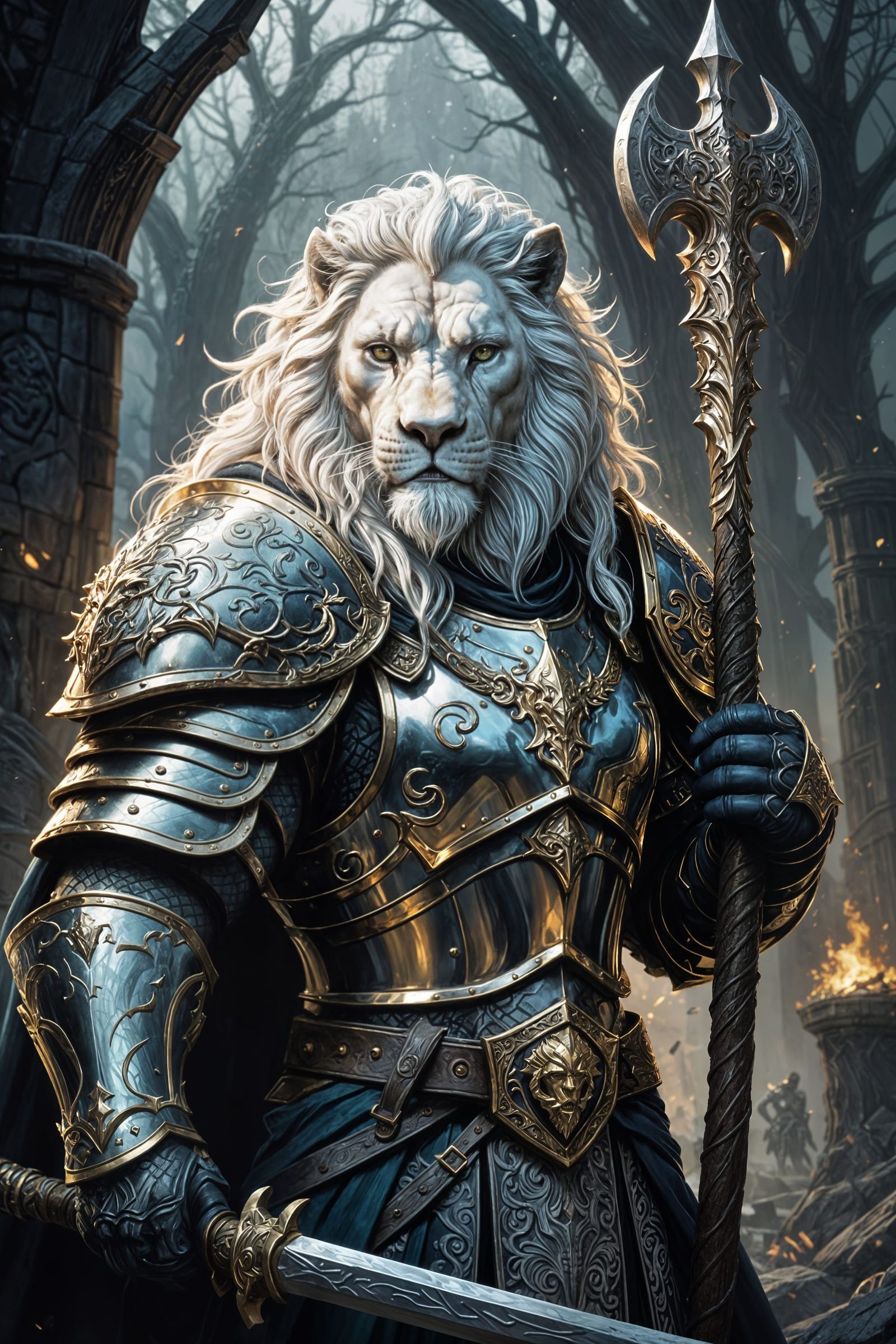 Imposing Elden Lord with White Lion, Digital Art