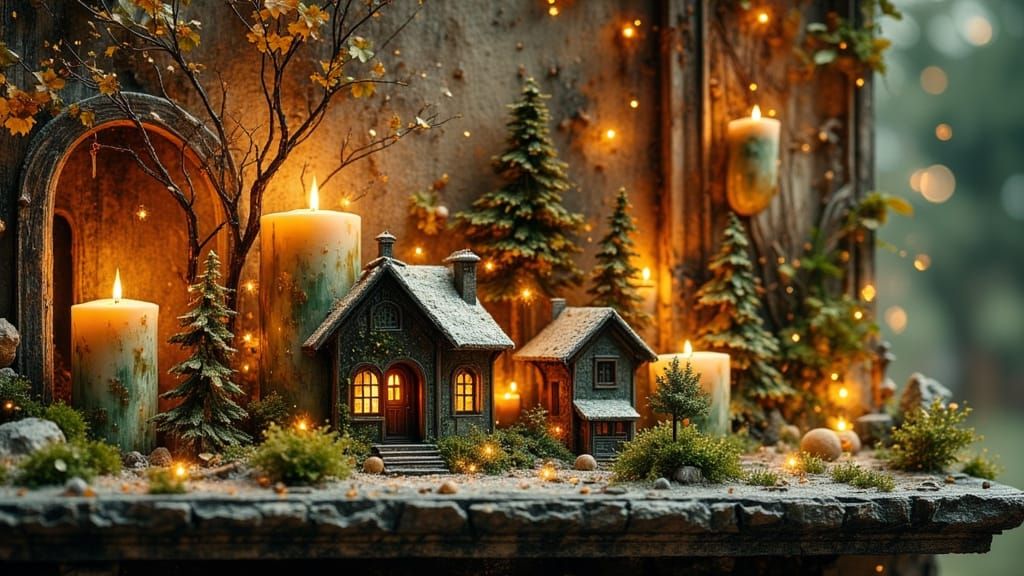 Victorian Christmas Cottages on Ornate Mantle with Bokeh Gra...