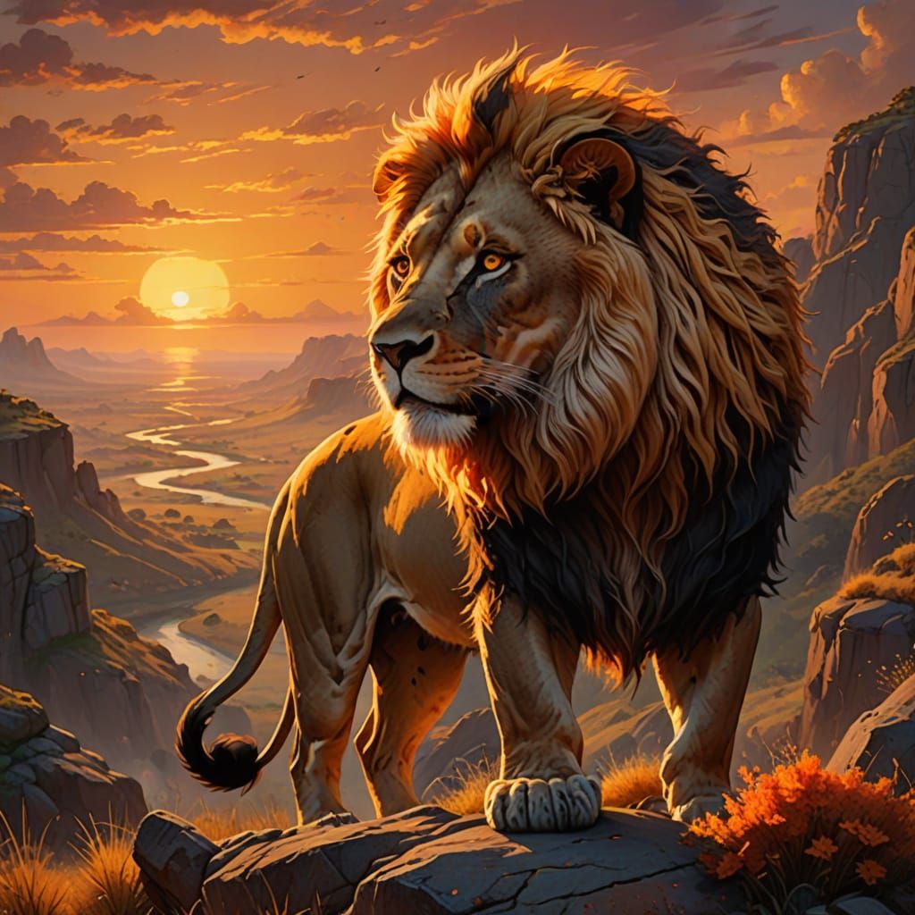 Lion with Mane of Fire Overlooking Savanna Sunset