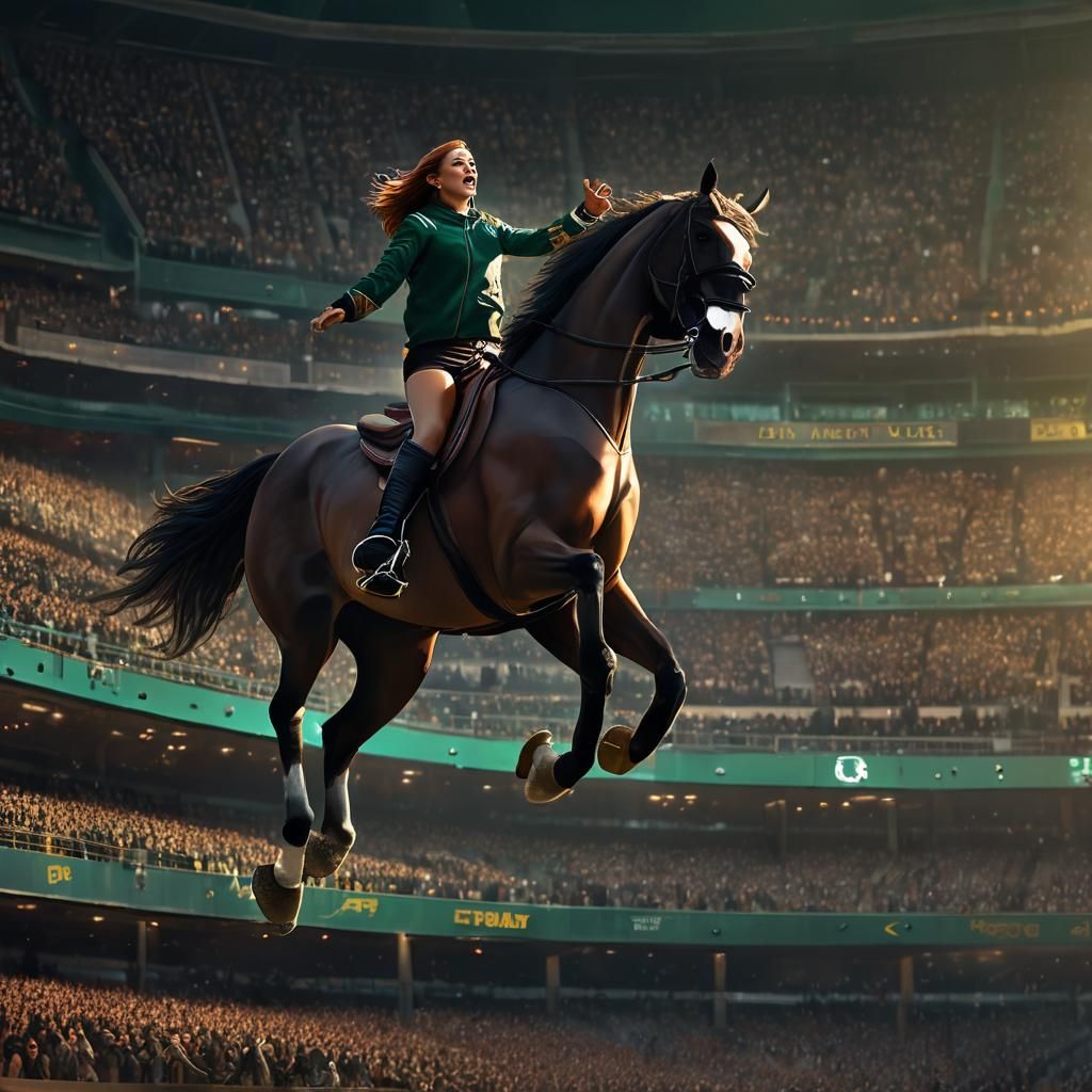 Hobbyhorse Rider Leaps in Stadium: Digital Art
