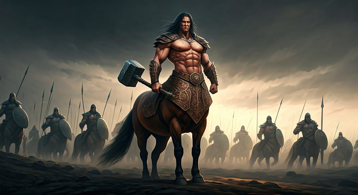Centaur Warrior Leading Army in Frazetta-Inspired Fantasy Ar...