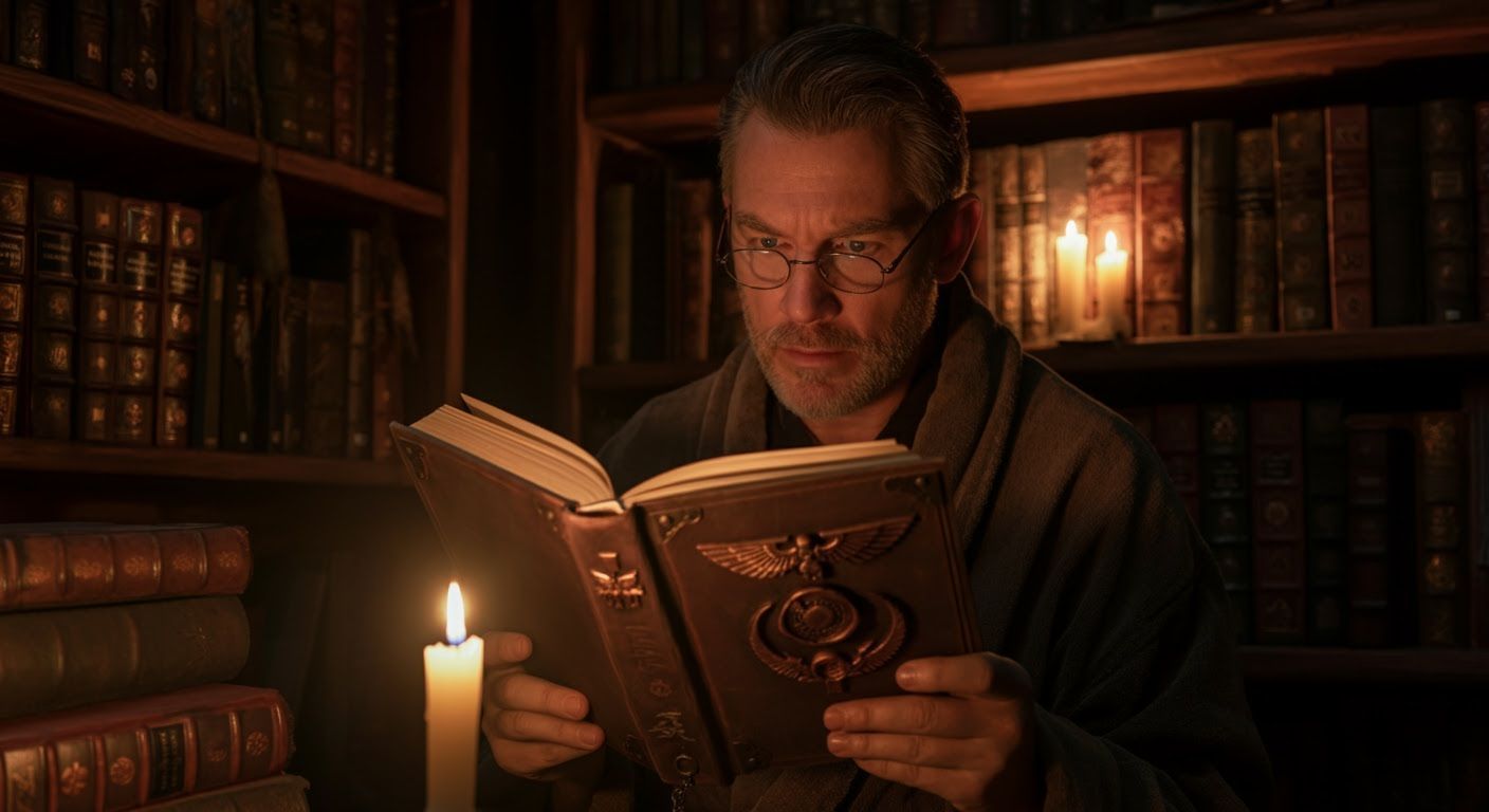 Man Reading Book by Candlelight: Photorealistic Scene