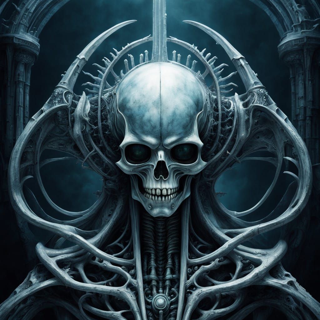 Ethereal Biomechanical Being Emerges from Shadows