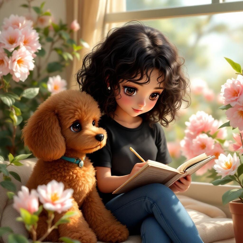 Adorable Chibi Woman and Poodle in Oil Painting Style