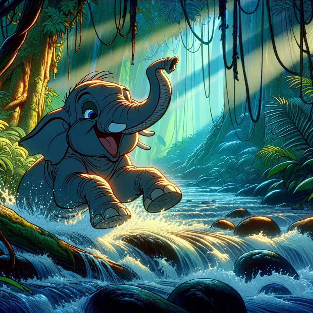 Elephant's Joyful Play in Jungle Stream: Animated Style