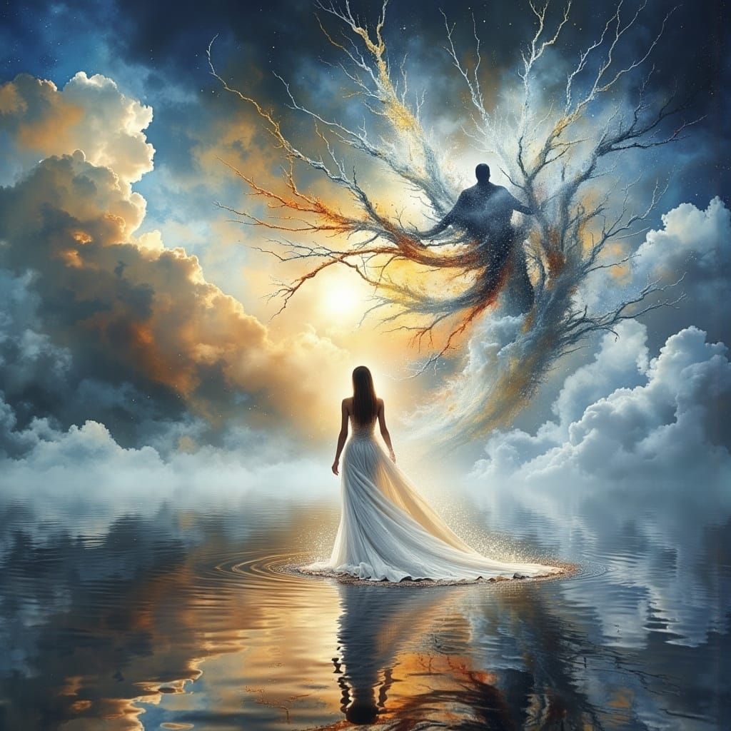 Woman Beckoned into Misty Lake in Dark Oil Painting