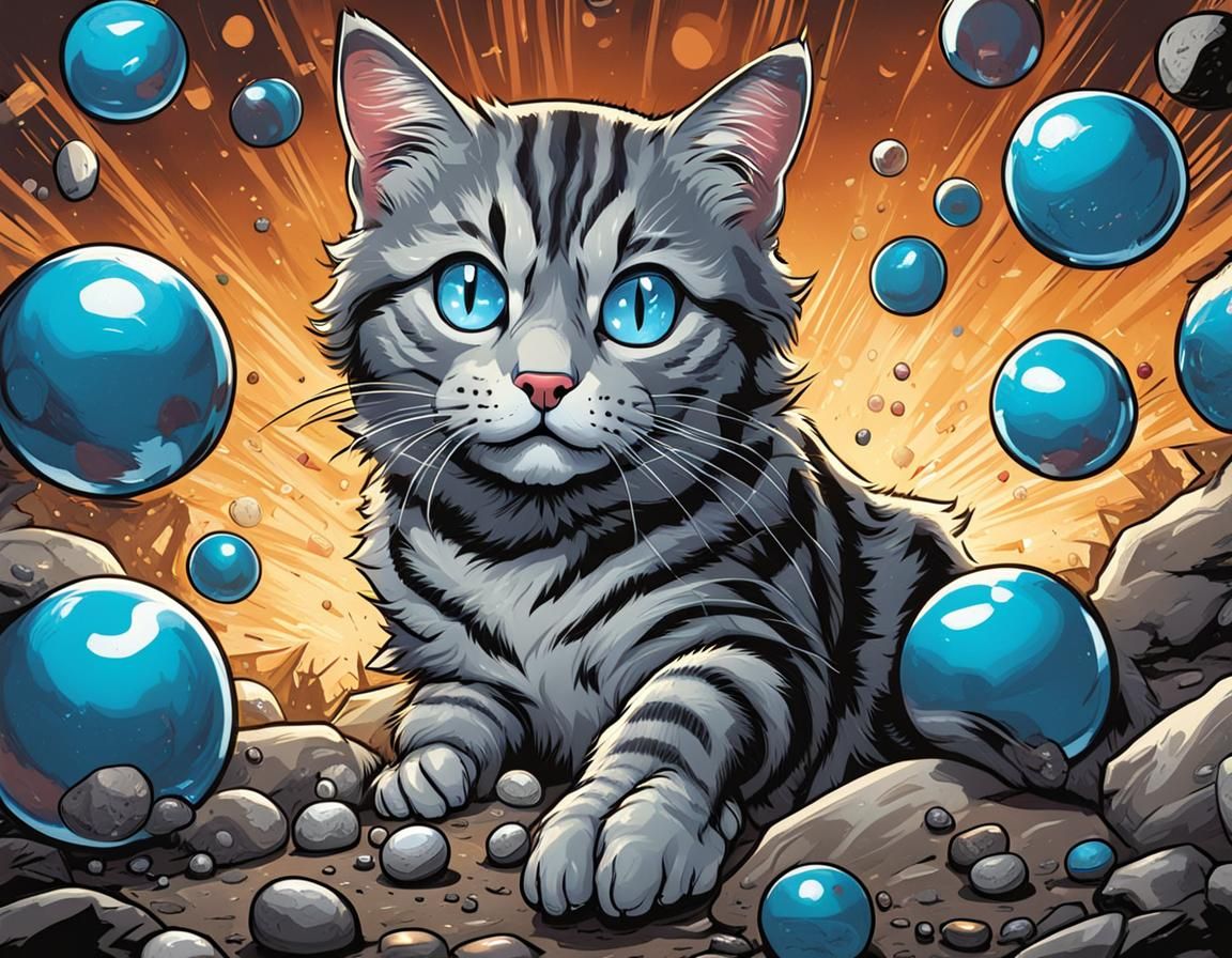 Grey tabby cat, playing marbles!