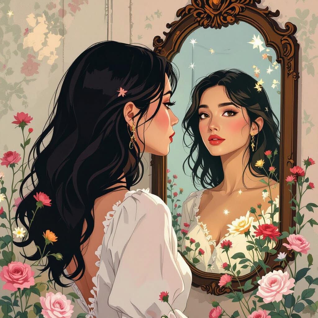 Mysterious Woman Reflected in Antique Mirror, Surreal Art