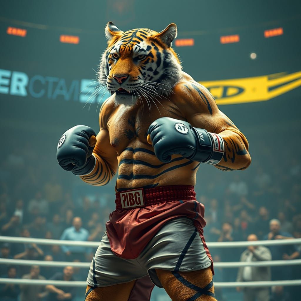 Cyberpunk Tiger MMA Fighter in Crowded Arena
