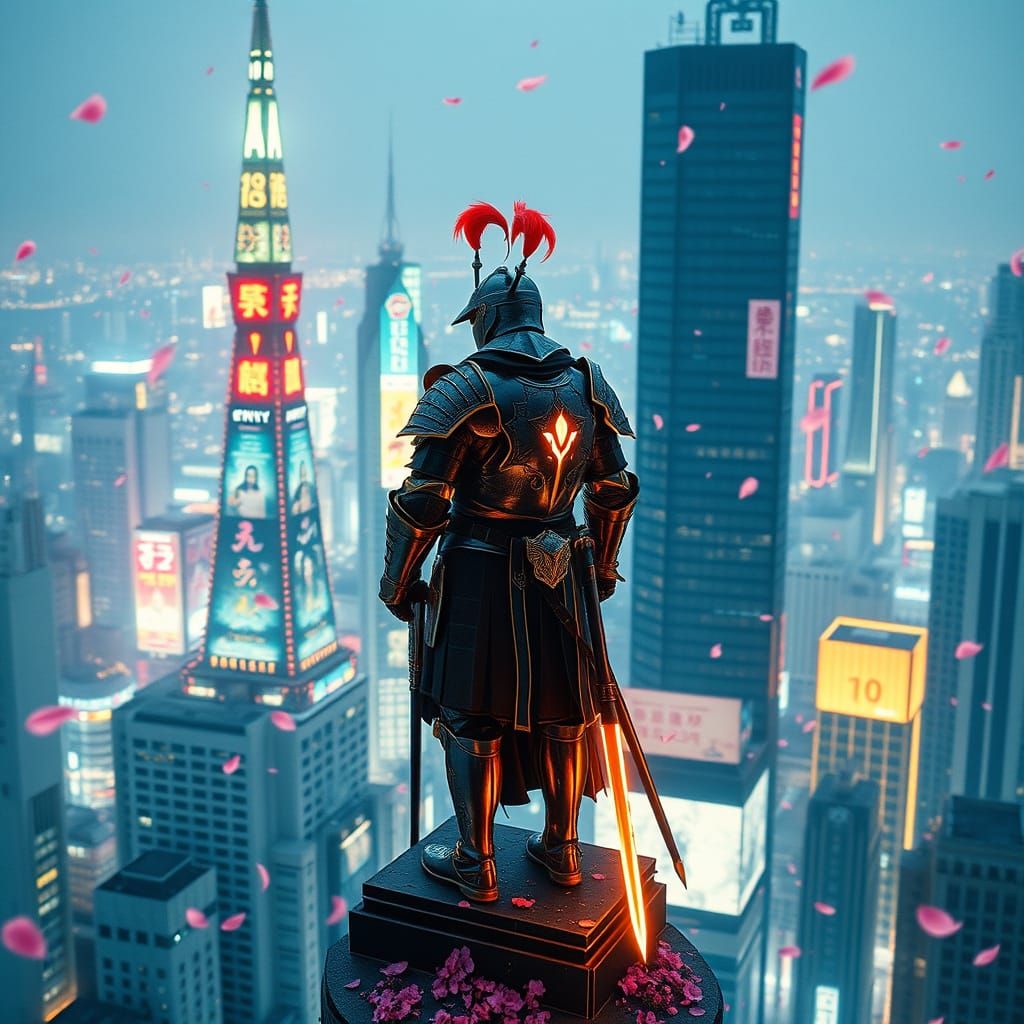Cyberpunk Templar Knight in Neo-Tokyo, Cinematic Style
