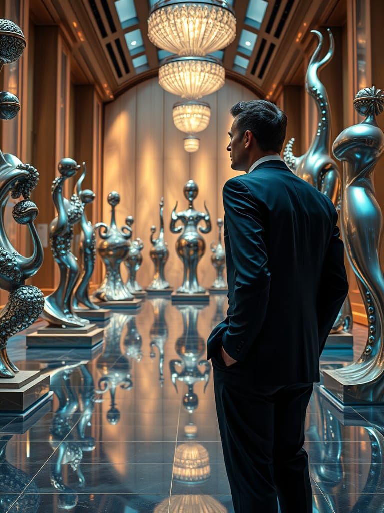 Sleek Modern Man Amidst Art Deco Fractal Sculptures