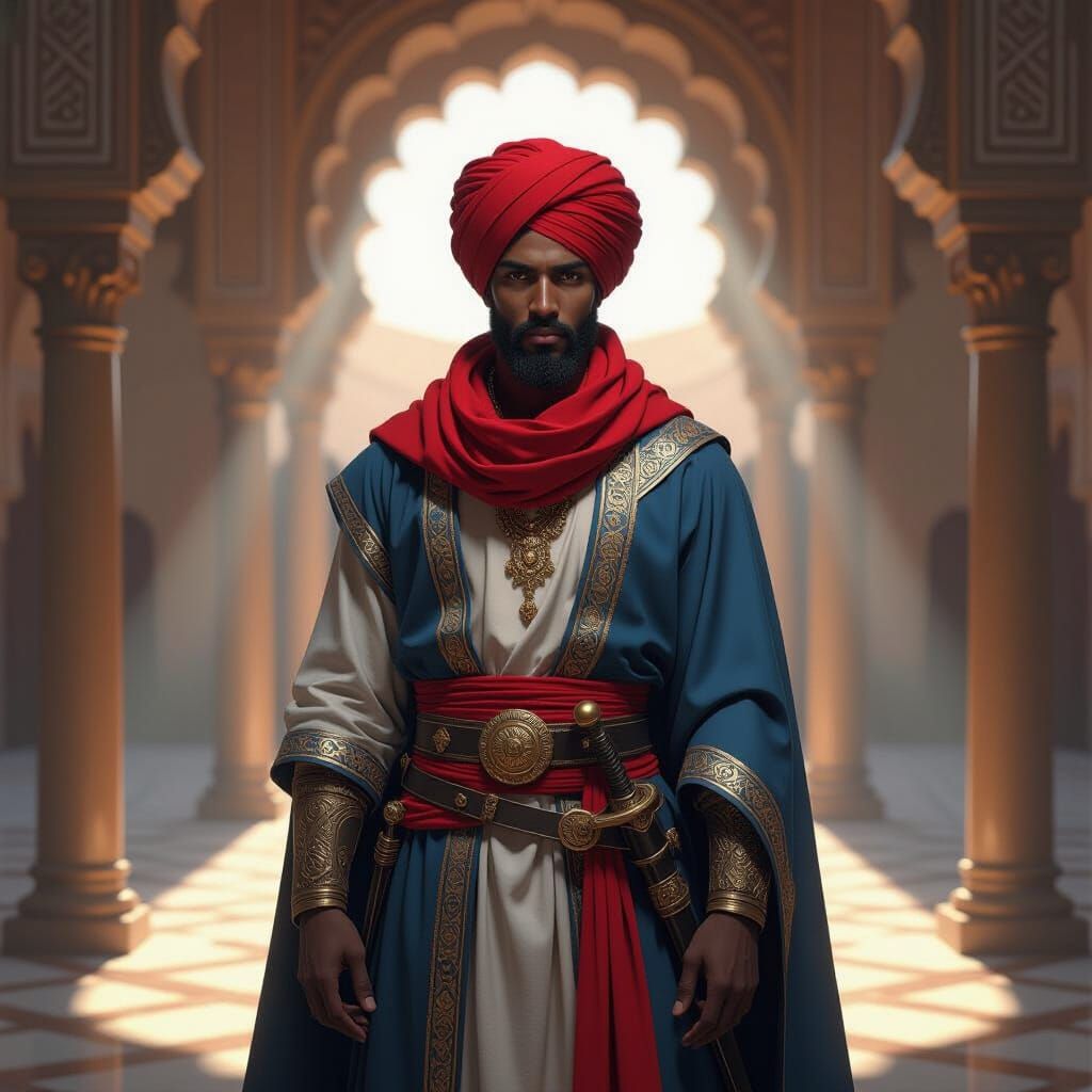 Moorish Warrior in 10th Century Palace, 3D Anime Style