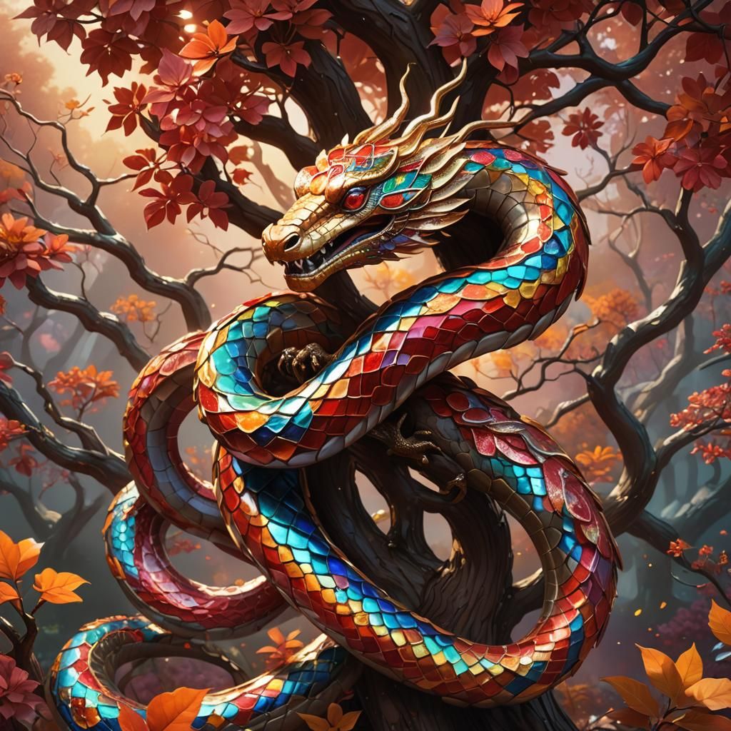 Bejeweled Serpent Coiled Around Red Tree