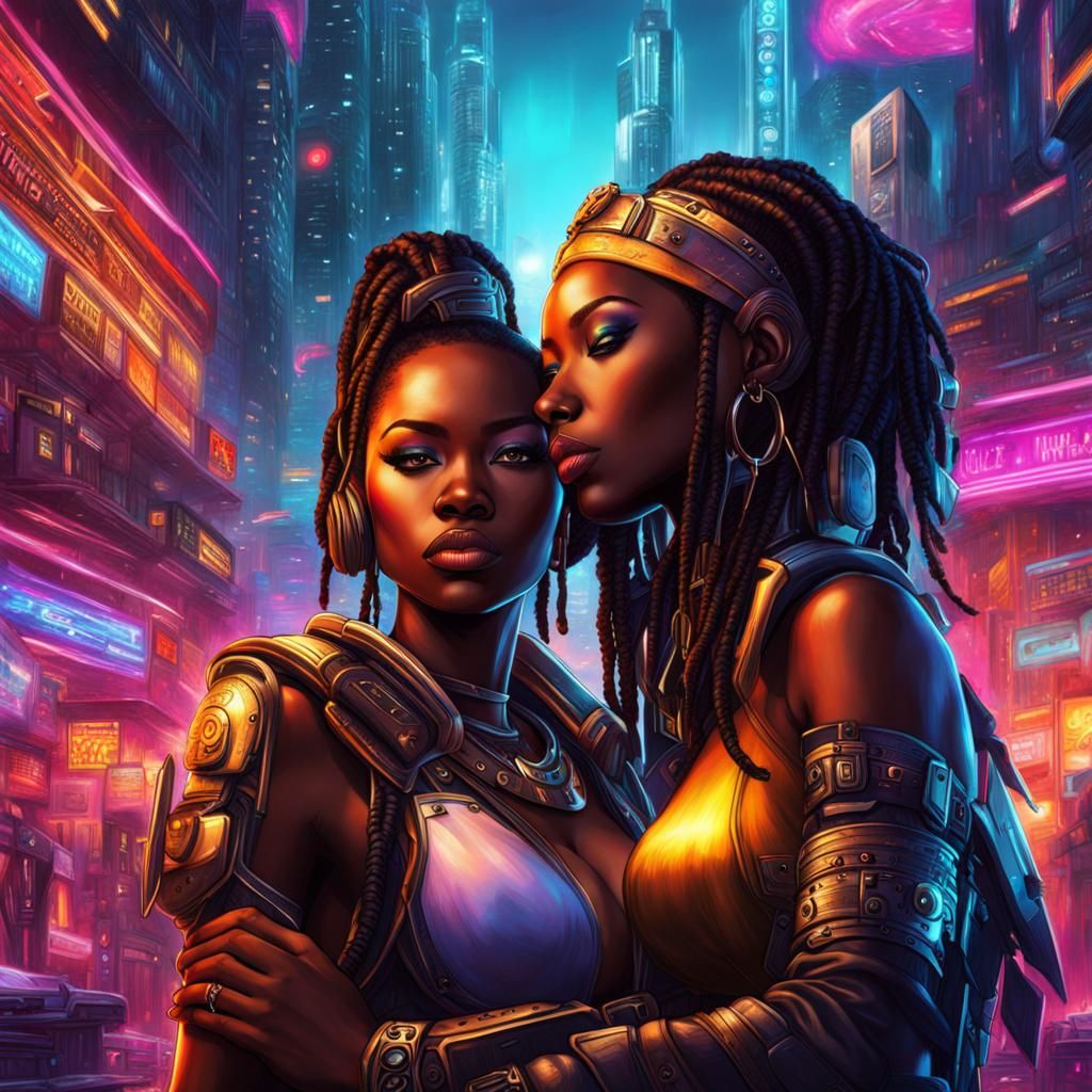 African Cyberpunk Lesbian Romance in Vibrant Fantasy Art